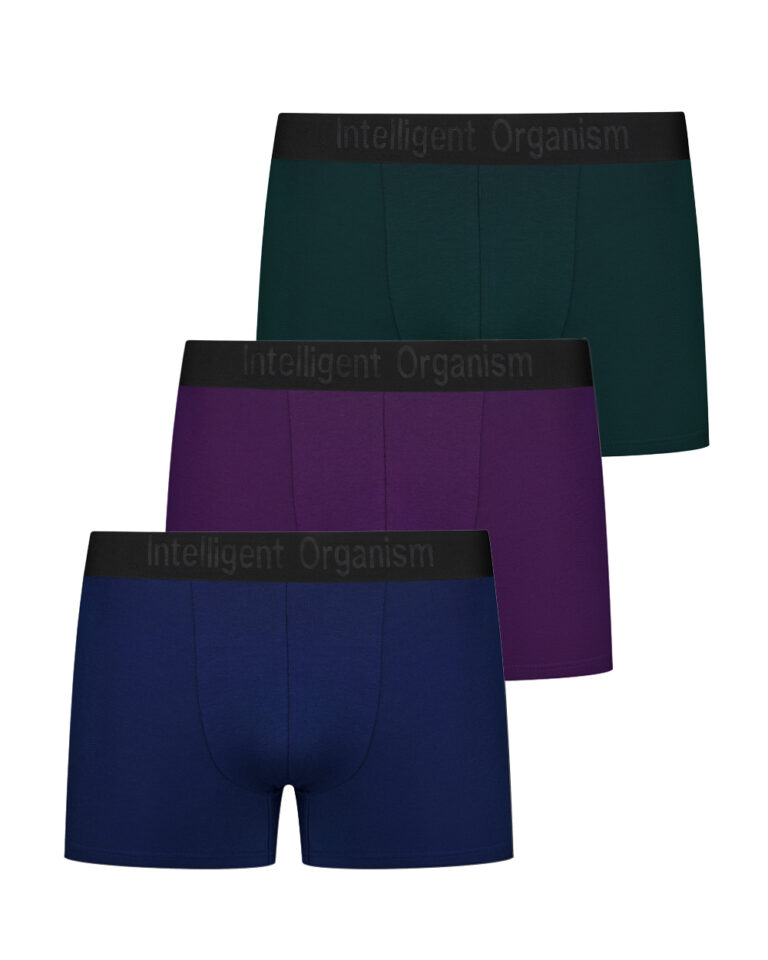 Набір чоловічих боксерів Classic Style від Intelligent Organism 3шт у кольорі темно-сині, темно-зелені, фіолетові. фронтальний вигляд